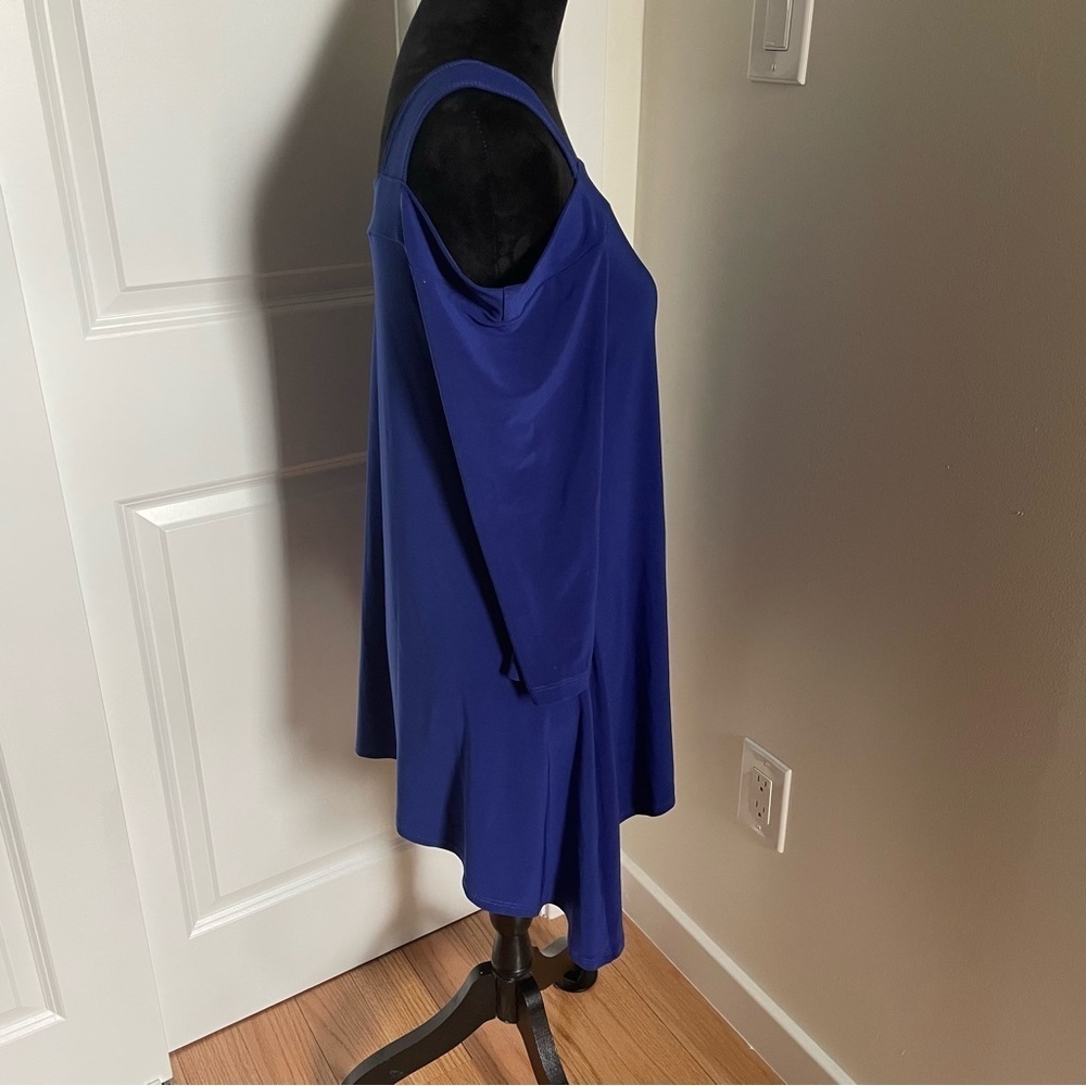 Clara Sun Woo Dark Blue Cold Shoulder 3/4 Sleeve Elastic Tunic Top EUC Size XS - Picture 2 of 9